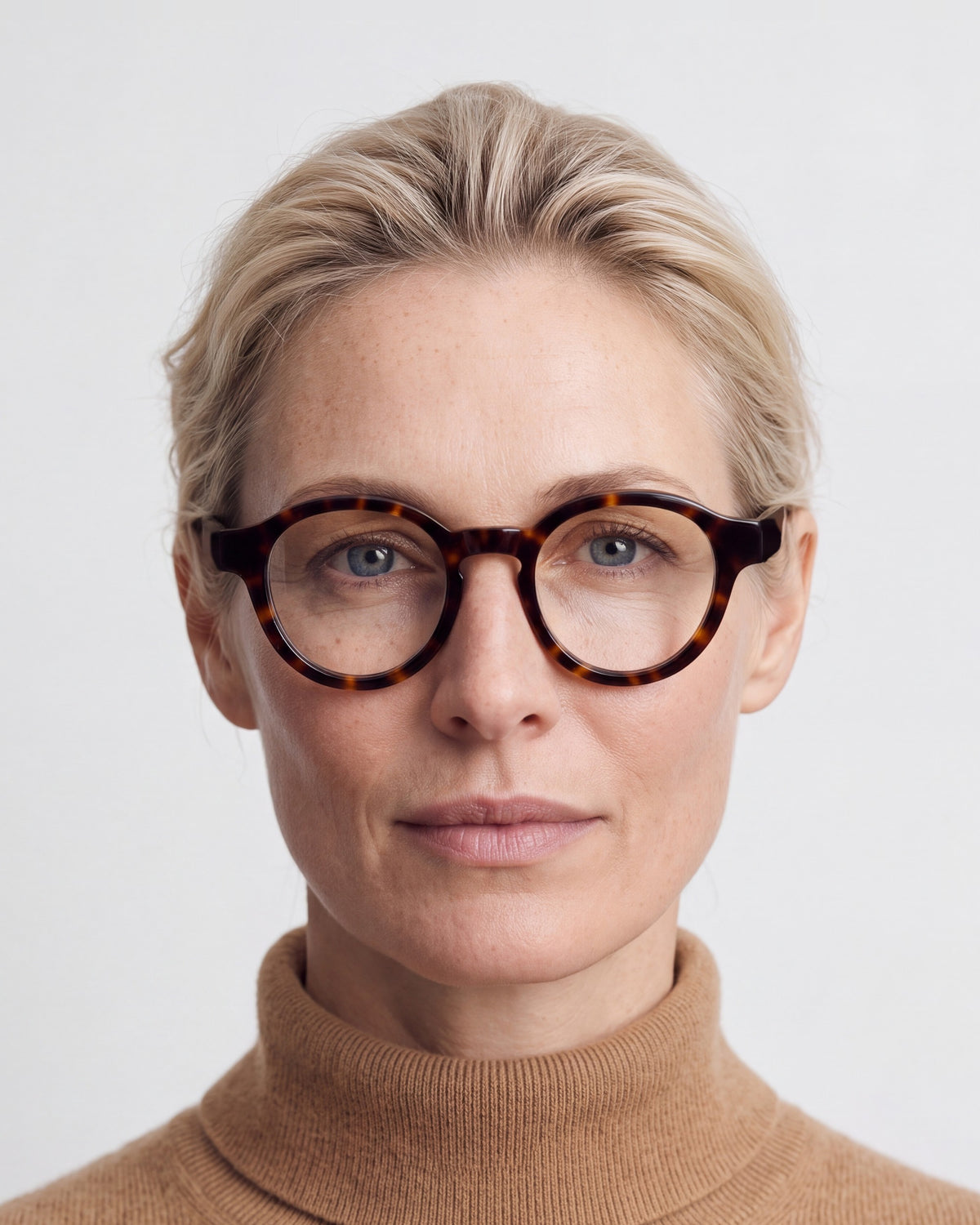 Nora in tortoiseshell, worn, Dawn lenses